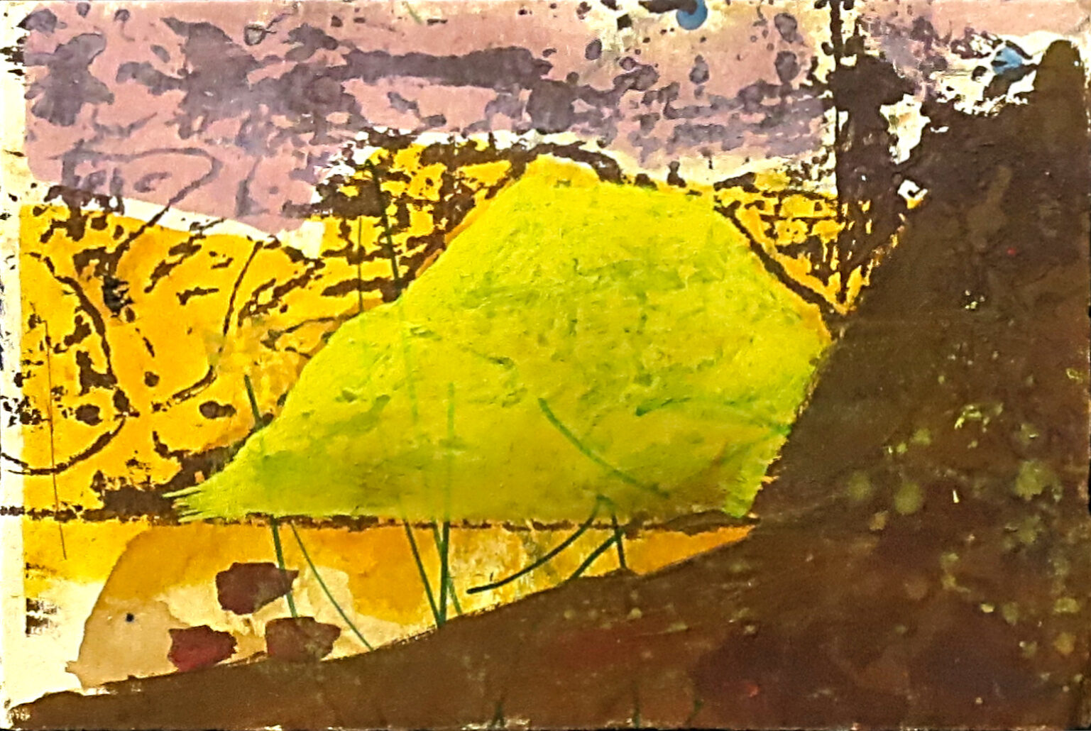 yellow mountain, landscape drawing on paper with pink, orange, and yellow