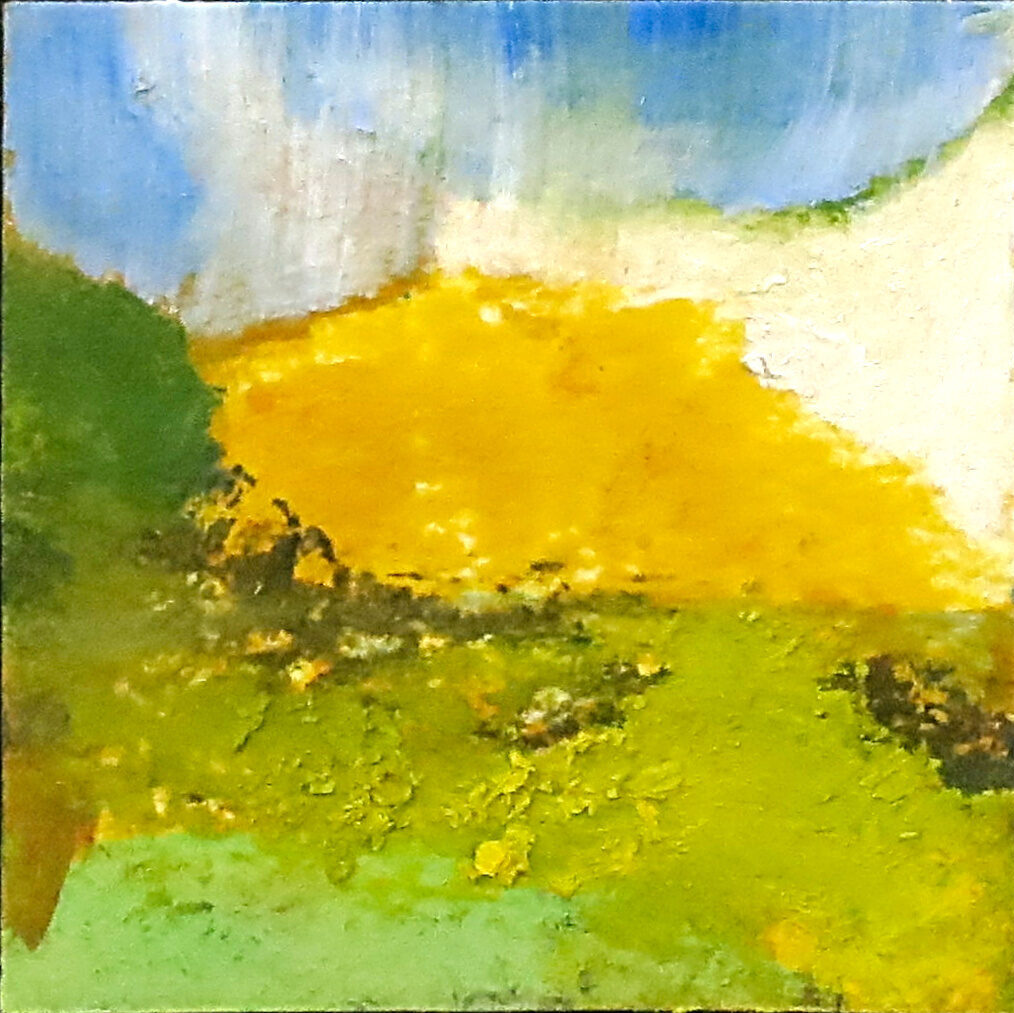 gold in the hills, landscape drawing on paper with green and gold