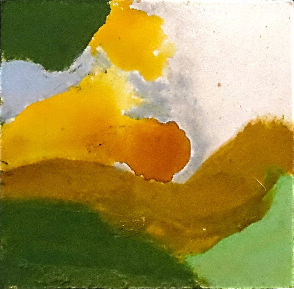 tucking in the sun, landscape drawing on paper with green and orange